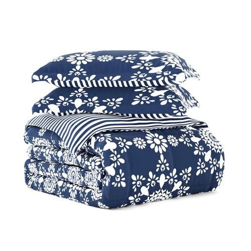Full/Queen 3 Piece Navy Reversible Daisy Medallion Striped Comforter Set