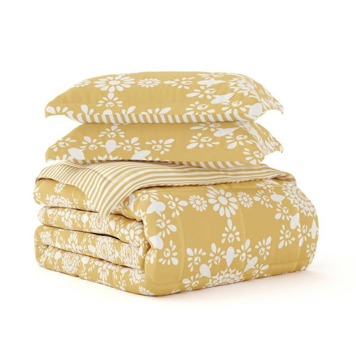 Full/Queen 3 Piece Yellow Reversible Daisy Medallion Striped Comforter Set