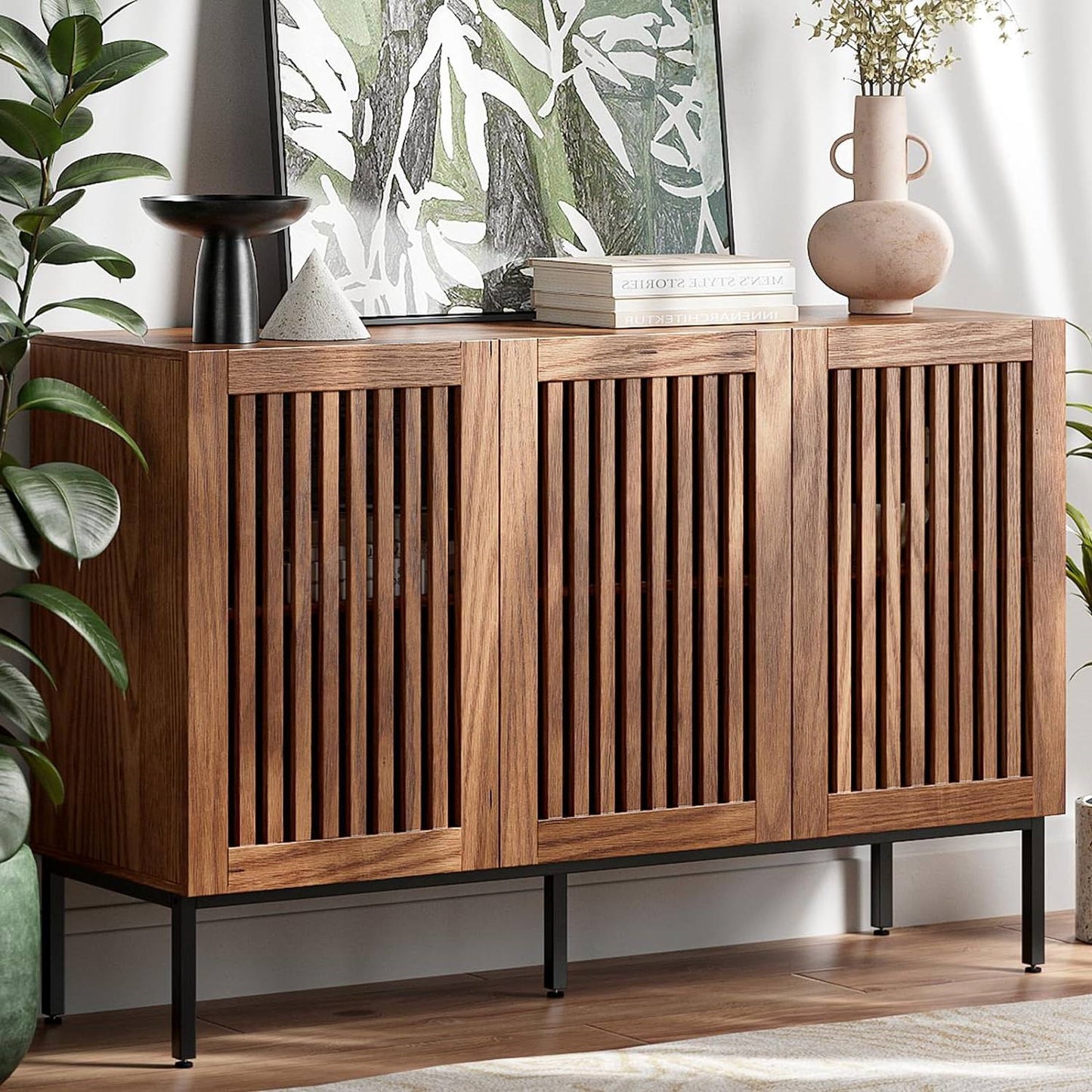 Mid-Century Modern Dining Buffet Storage Cabinet Sideboard in Brown Wood Finish