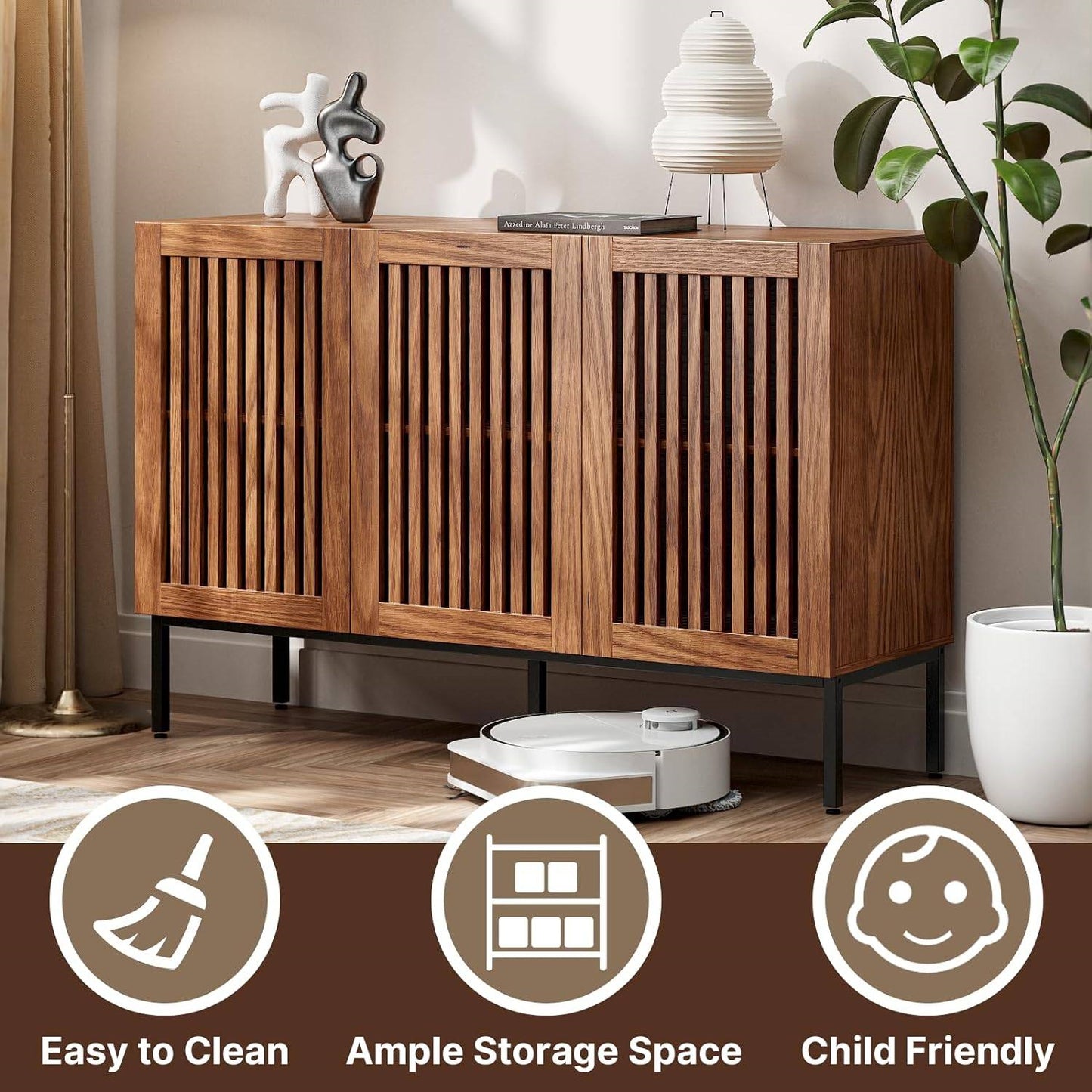Mid-Century Modern Dining Buffet Storage Cabinet Sideboard in Brown Wood Finish