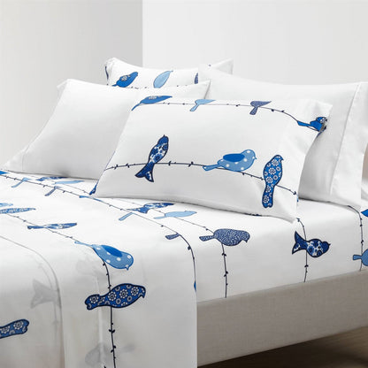 Full Size Blue Birds Polyester 6 Piece Soft Sheet Set