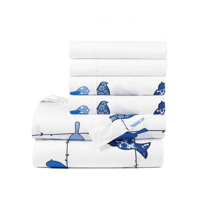 Full Size Blue Birds Polyester 6 Piece Soft Sheet Set