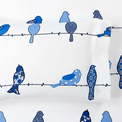 Full Size Blue Birds Polyester 6 Piece Soft Sheet Set