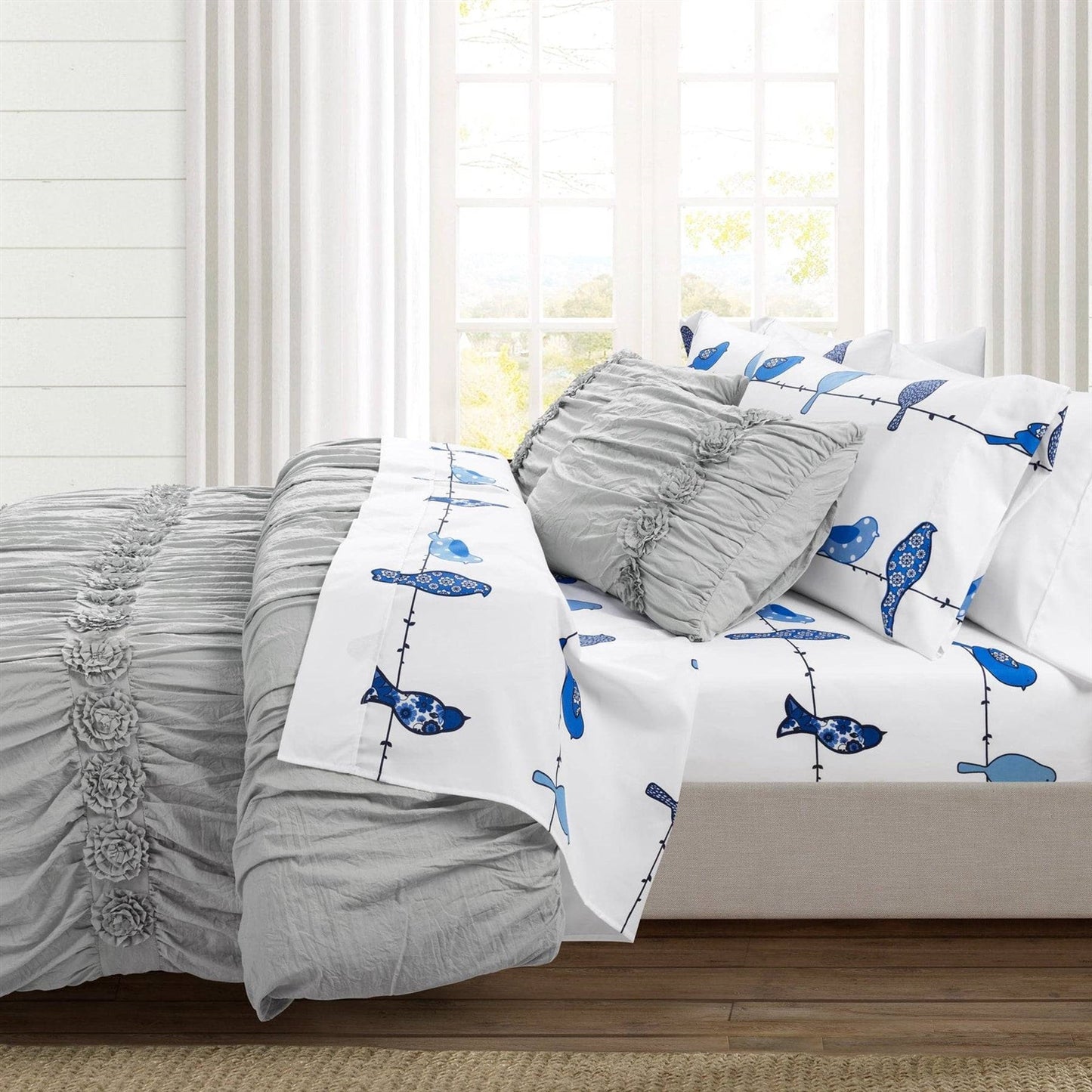 Full Size Blue Birds Polyester 6 Piece Soft Sheet Set