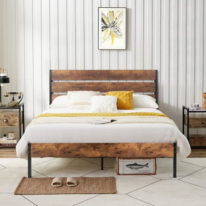 Full Size Rustic Industrial Platform Bed Frame Wood Slatted Headboard and Footboard