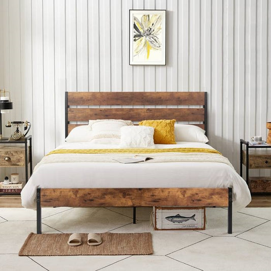 Full Size Rustic Industrial Platform Bed Frame Wood Slatted Headboard and Footboard
