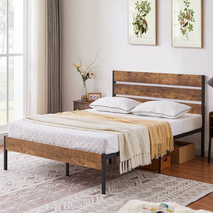 Full Size Rustic Industrial Platform Bed Frame Wood Slatted Headboard and Footboard