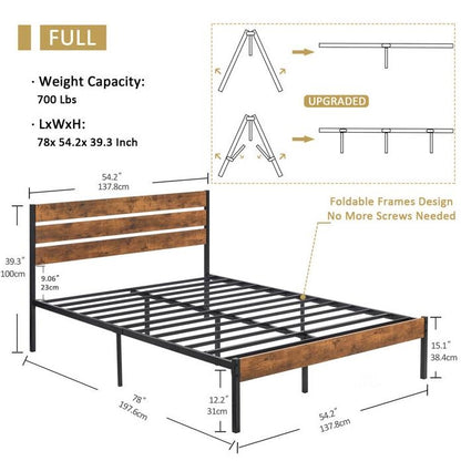 Full Size Rustic Industrial Platform Bed Frame Wood Slatted Headboard and Footboard