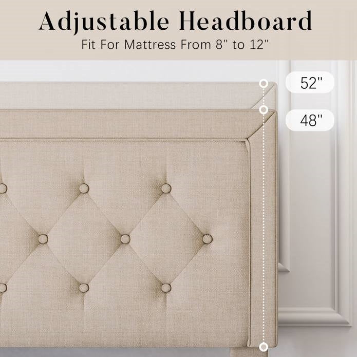 Full Size Beige Tufted Upholstered Platform Bed Adjustable Headboard Height