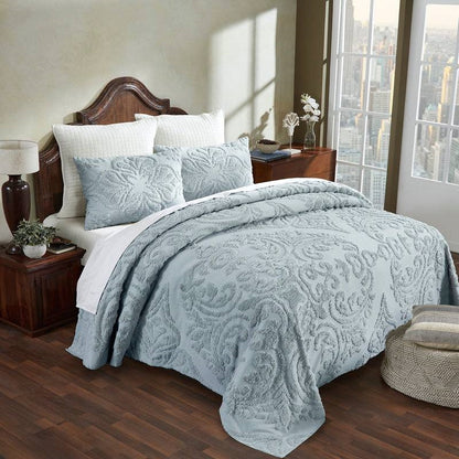 Full Size OverSized 100% Cotton Chenille 3 PCS Coverlet Bedspread Set in Blue