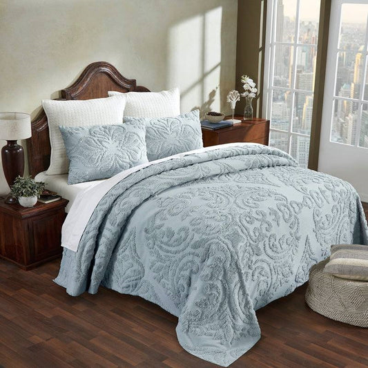 Full Size OverSized 100% Cotton Chenille 3 PCS Coverlet Bedspread Set in Blue