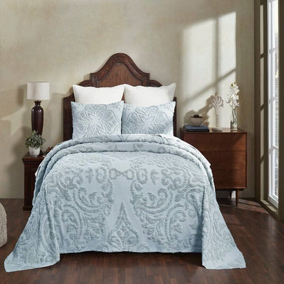 Full Size OverSized 100% Cotton Chenille 3 PCS Coverlet Bedspread Set in Blue