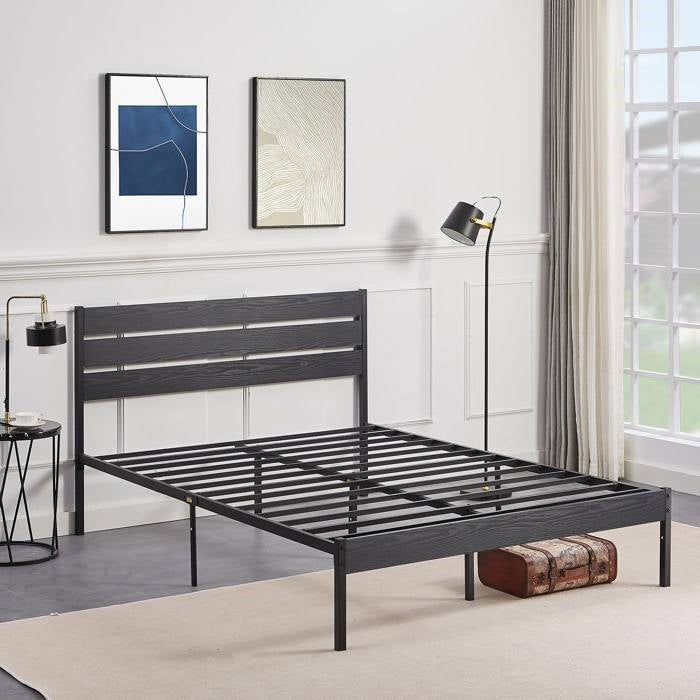 Full Size Rustic Industrial Black Oak Platform Bed Frame Wood Slatted Headboard