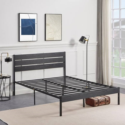 Full Size Rustic Industrial Black Oak Platform Bed Frame Wood Slatted Headboard