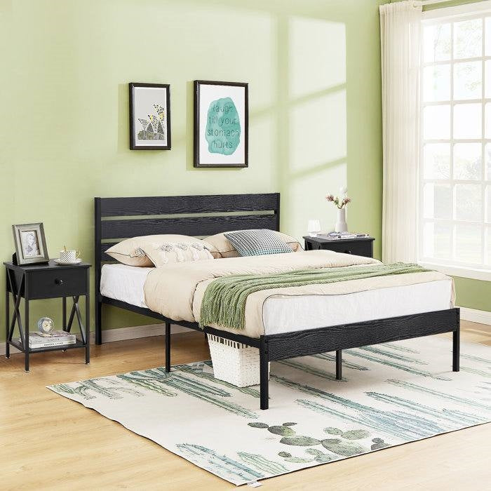 Full Size Rustic Industrial Black Oak Platform Bed Frame Wood Slatted Headboard