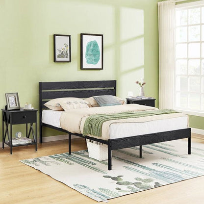 Full Size Rustic Industrial Black Oak Platform Bed Frame Wood Slatted Headboard