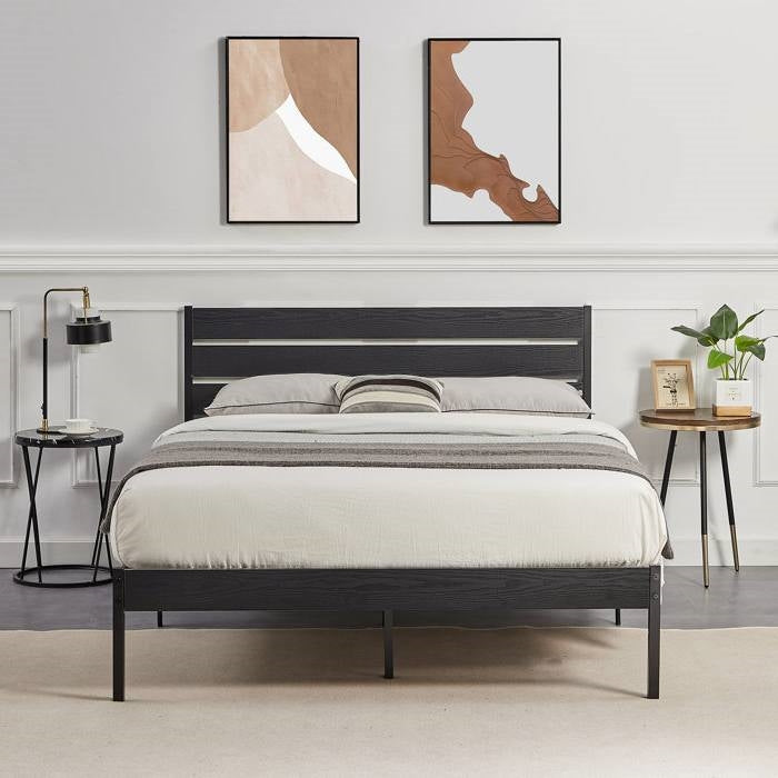 Full Size Rustic Industrial Black Oak Platform Bed Frame Wood Slatted Headboard