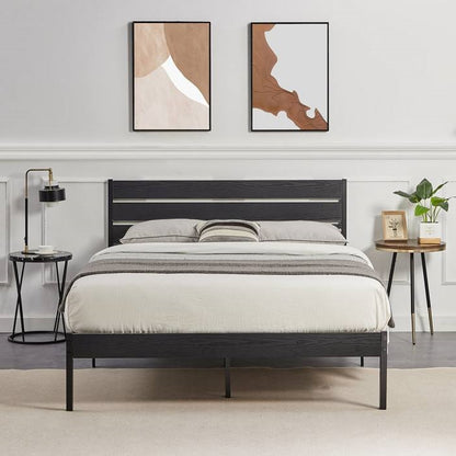 Full Size Rustic Industrial Black Oak Platform Bed Frame Wood Slatted Headboard