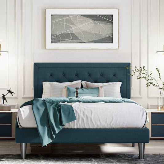 Full Size Blue Tufted Upholstered Platform Bed Adjustable Headboard Height