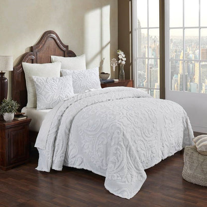 Full Size OverSized 100% Cotton Chenille 3 PCS Coverlet Bedspread Set in White