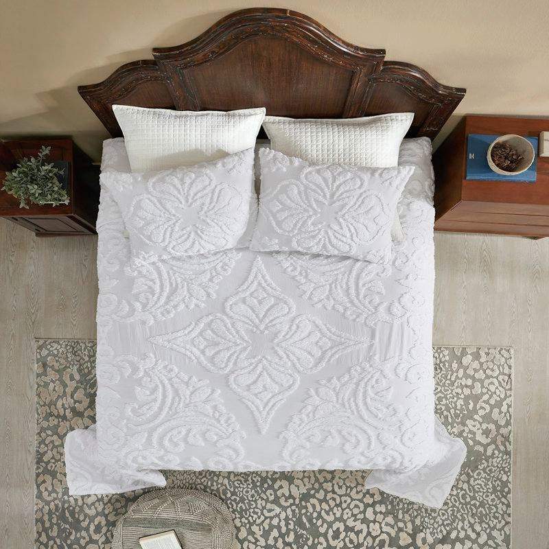 Full Size OverSized 100% Cotton Chenille 3 PCS Coverlet Bedspread Set in White