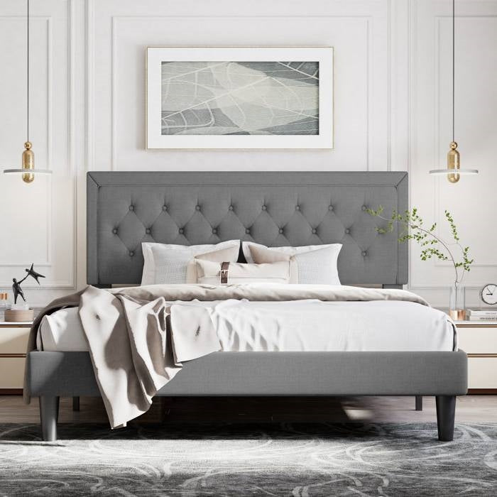 Full Size Grey Tufted Upholstered Platform Bed Adjustable Headboard Height