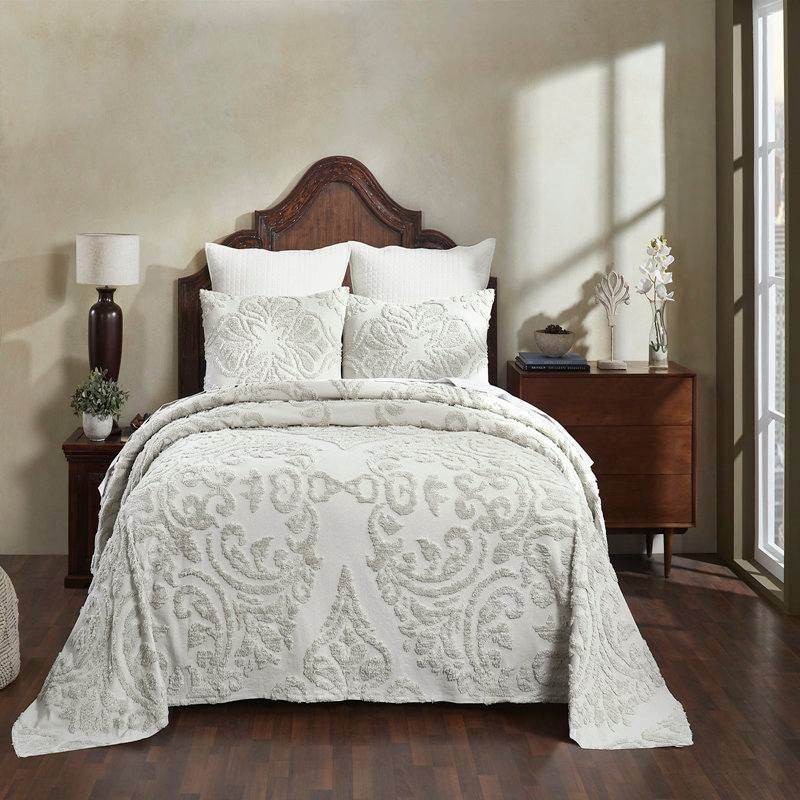 Full Size OverSized 100% Cotton Chenille 3 PCS Coverlet Bedspread Set in Ivory