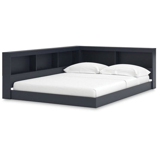 Full Size Blue Corner Bookcase Headboard Storage Platform Floor Bed