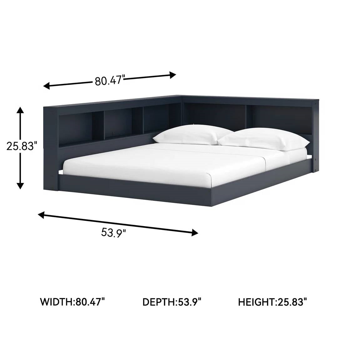 Full Size Blue Corner Bookcase Headboard Storage Platform Floor Bed