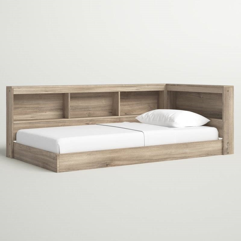 Full Size Natural Corner Bookcase Headboard Storage Platform Floor Bed USB Ports