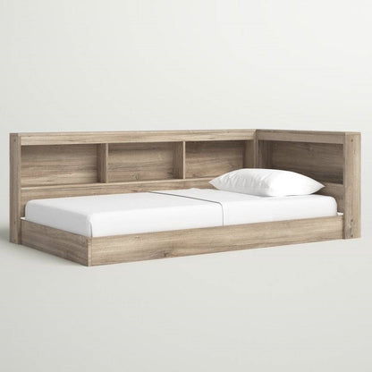 Full Size Natural Corner Bookcase Headboard Storage Platform Floor Bed USB Ports