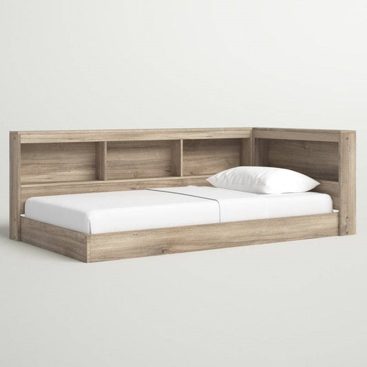 Full Size Natural Corner Bookcase Headboard Storage Platform Floor Bed USB Ports