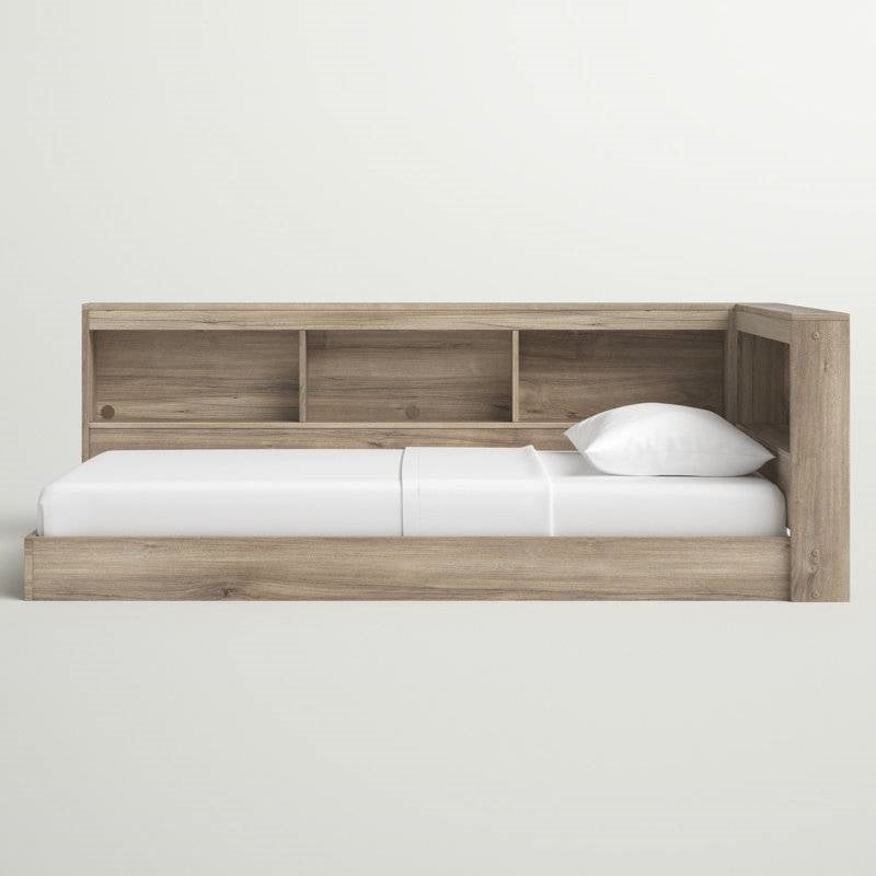 Full Size Natural Corner Bookcase Headboard Storage Platform Floor Bed USB Ports