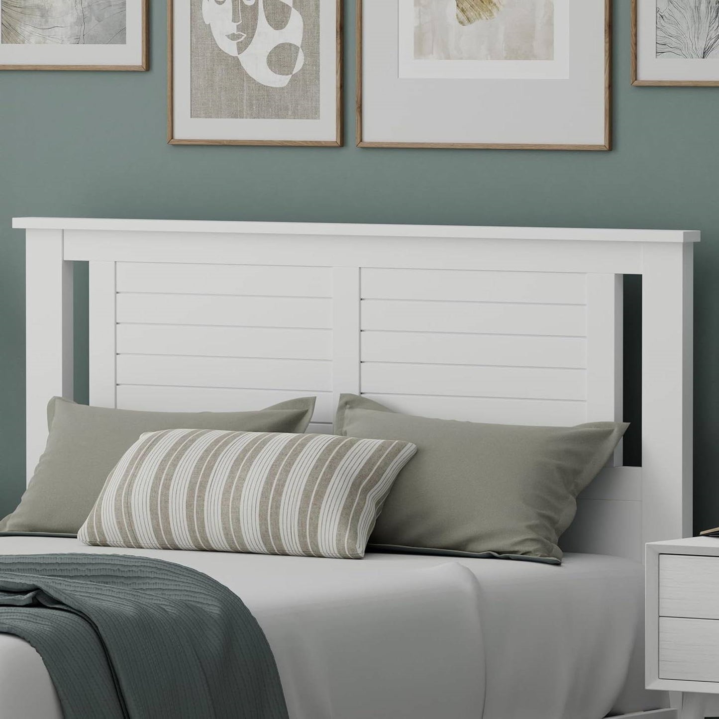 Full Size Coastal White Poplar Horizontal Slat Panel Headboard