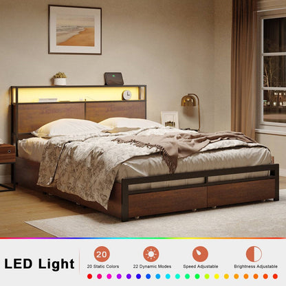 Full Size Brown USB Plug In Headboard Platform Bed with 4 Storage Drawers