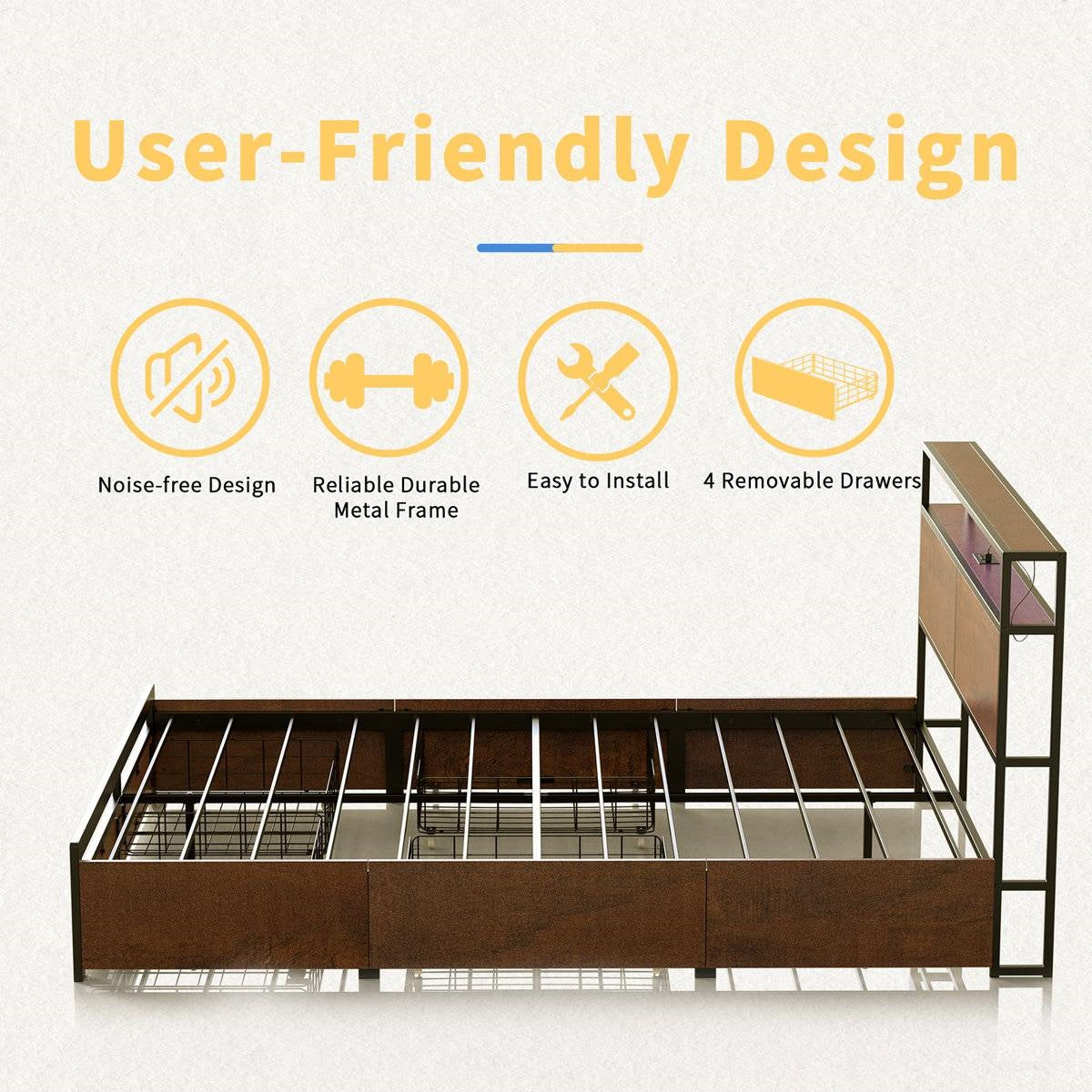 Full Size Brown USB Plug In Headboard Platform Bed with 4 Storage Drawers