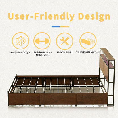 Full Size Brown USB Plug In Headboard Platform Bed with 4 Storage Drawers