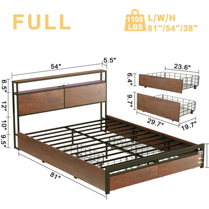 Full Size Brown USB Plug In Headboard Platform Bed with 4 Storage Drawers