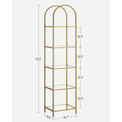 Arched Top Gold Metal Display Rack Narrow Bookcase with 5 Glass Storage Shelves