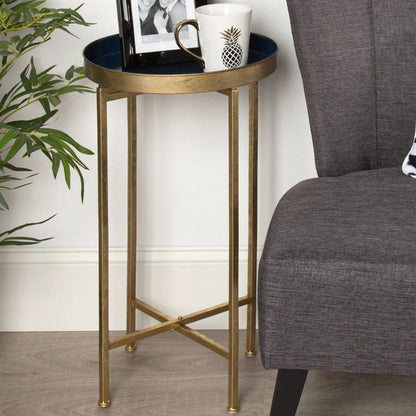 Gold Finish Metal Round End Table Nightstand with Removable Navy Blue Tray Top