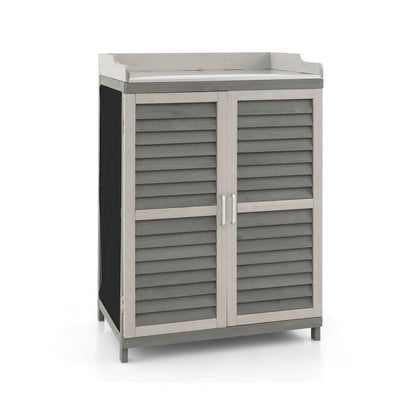 Grey Solid Wood Patio Storage Cabinet Garden Potting Bench Table with Metal Top