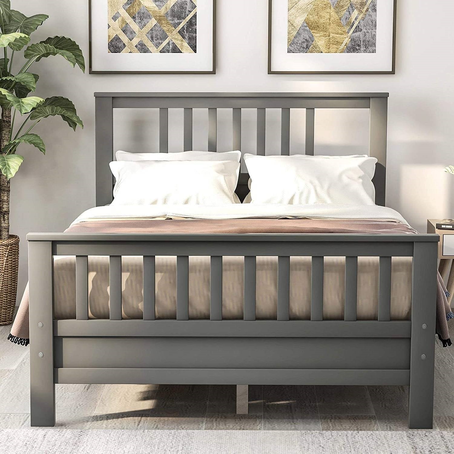 Grey Pine Wood Slatted Platform Headboard Footboard Full Size