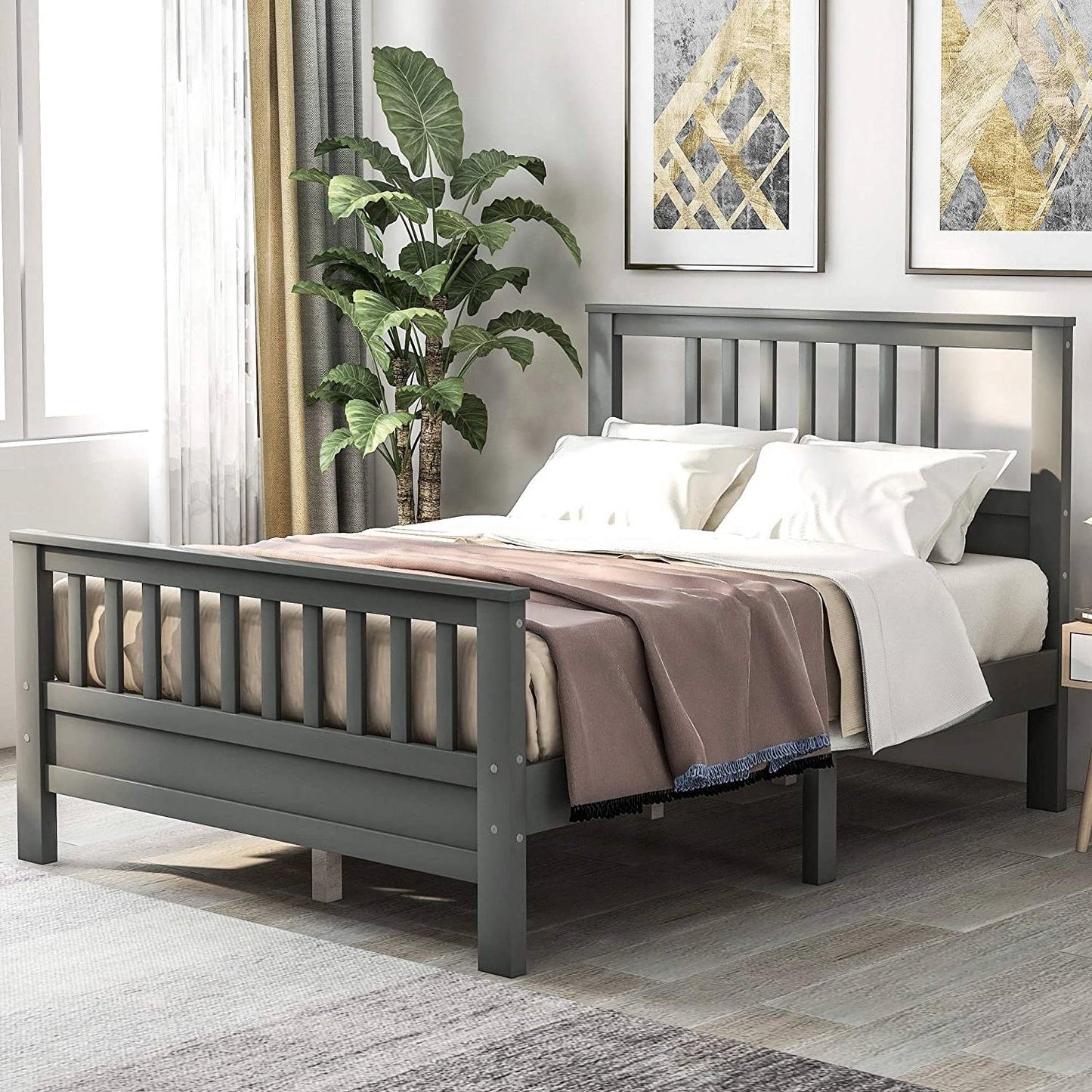 Grey Pine Wood Slatted Platform Headboard Footboard Full Size