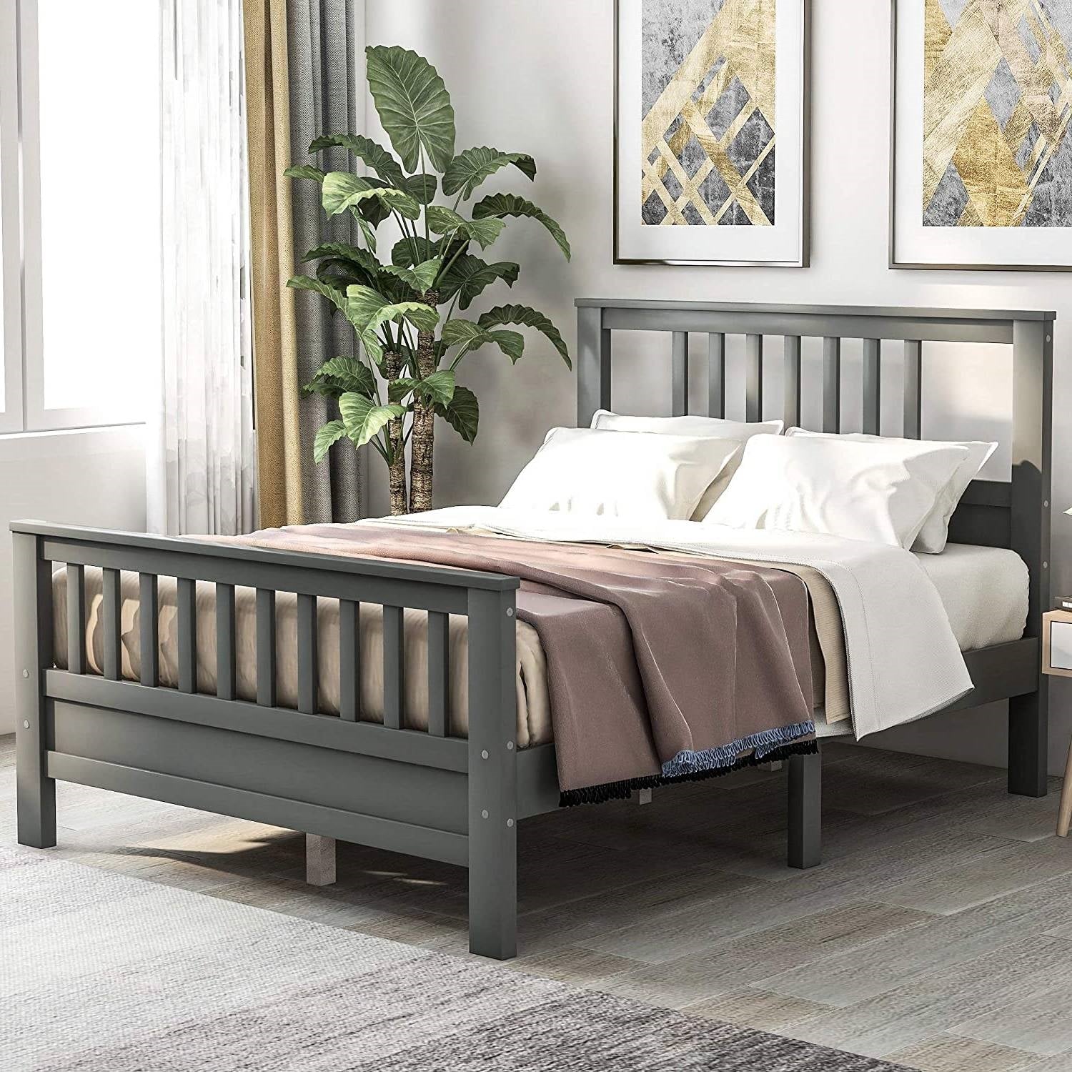 Grey Pine Wood Slatted Platform Headboard Footboard Full Size