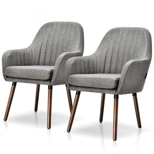 Set of 2 Retro Linen Accent Chair w/ Espresso Rubber Wood Frame - Grey