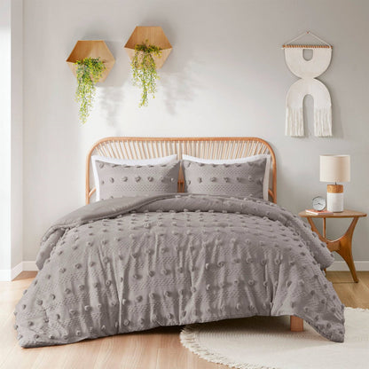 King/Cal King 3 Piece Jacquard Pompom Microfiber Hypoallergenic Comforter Set, Grey