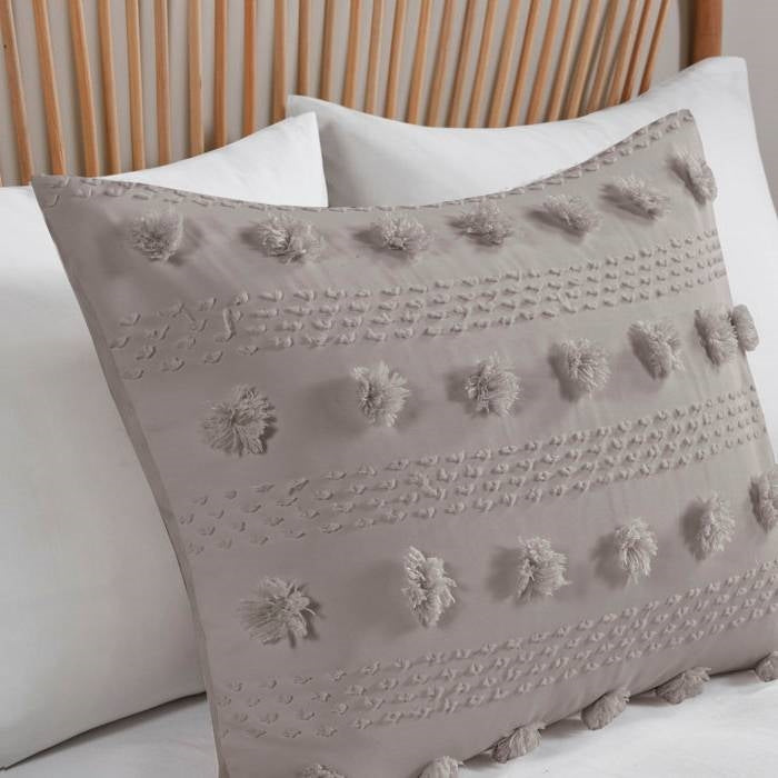 King/Cal King 3 Piece Jacquard Pompom Microfiber Hypoallergenic Comforter Set, Grey