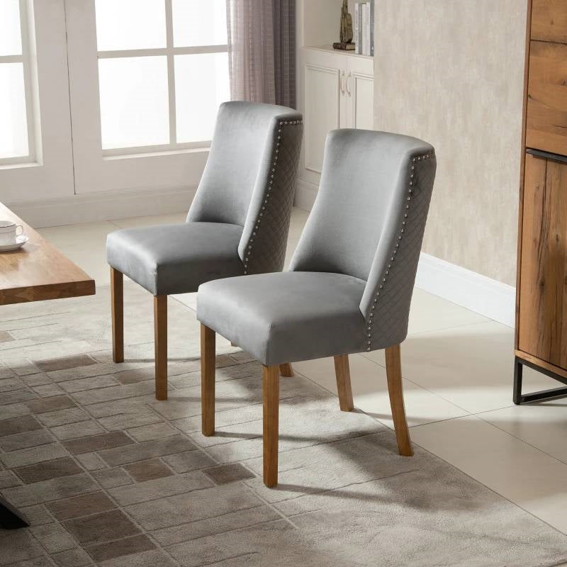 Set of 2 Modern High Back Nail heads Diamond Stitches Upholstered Dining Chairs, Grey
