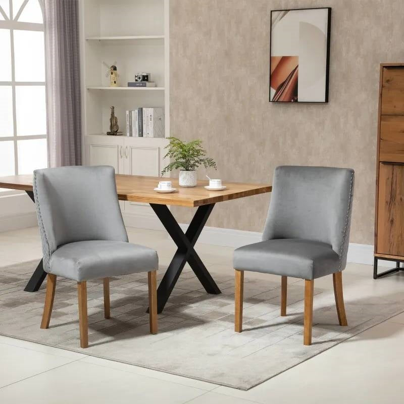Set of 2 Modern High Back Nail heads Diamond Stitches Upholstered Dining Chairs, Grey
