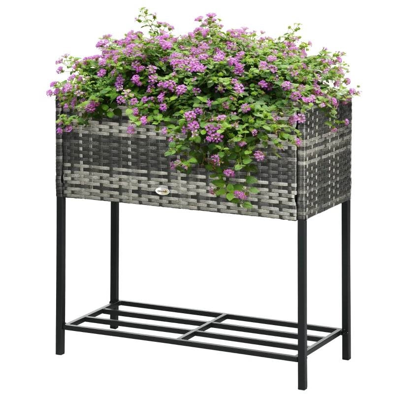 Grey Elevated Modern Rattan Wicker Raised Garden Planter Box